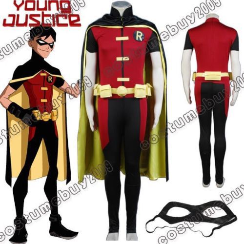 In Stock Adult Young Justice Robin Costume Uniform Black Cloak Jumpsuit ...