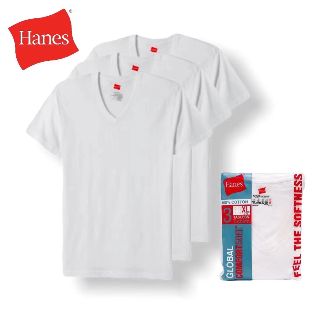 HANES White T-Shirt 3pcs V/NECK for Unisex | Shopee Singapore