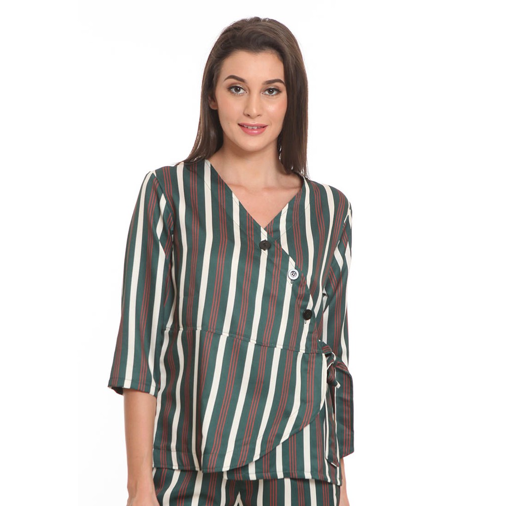 Basix - Bruin Blouse Top Green - Atasan Satin Hijau Stripe