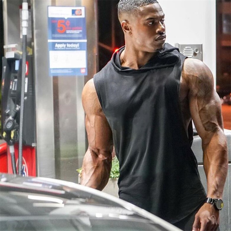 Men Sporting bodybuilding Fitness clothing Summer New Brand Solid Sleeveless Shirt Casual Fashion Hooded Tank Top