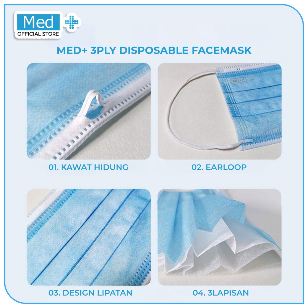 Med+ Masker 3Ply Hijau/Biru/Putih/Hitam/Pink 50 Pcs / Masker 3Ply Kemenkes Disposable Face Mask - Gambar 4