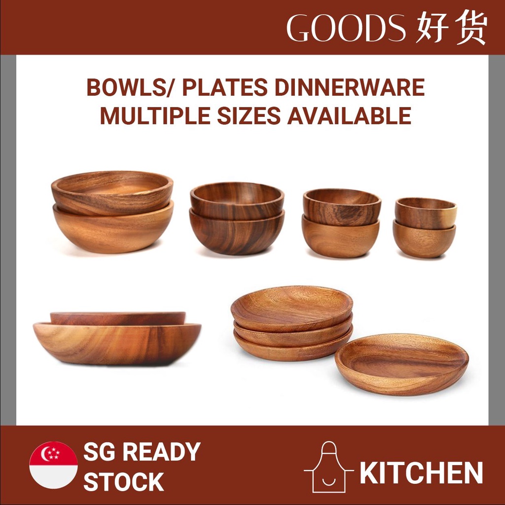 Japanese Style Wooden Bowls Plates Dinnerware Set Acacia Solid Wood 