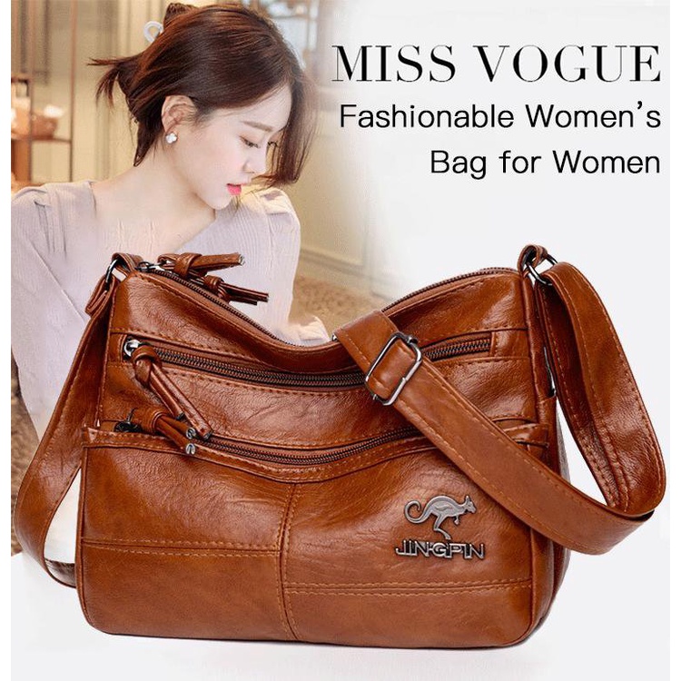 Crossbody Shoulder Bag Soft Leather Fashion Simple Retro Multi-Pocket Large Capacity Women'S Bag
