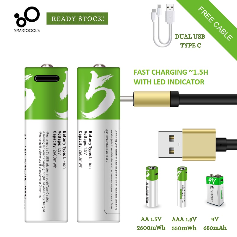 4Pcs Lithium ion Battery 1.5V AA/ AAA USB Rechargeable Batteries w/Type-C  Cable