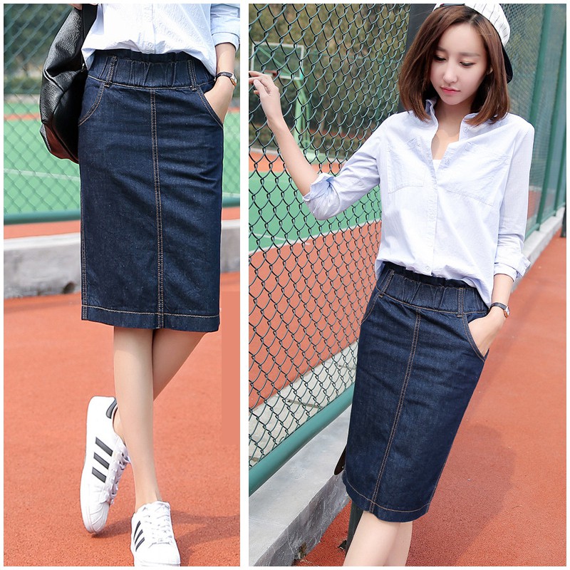 Summer Denim Skirts Midi Denim Skirt For Women Casual Back Split Hem With Pocket Knee Length