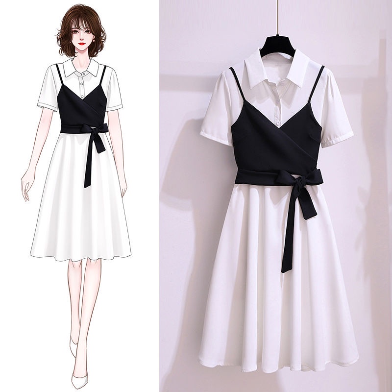 Plus Size Women's Clothing 200 Jin Fat Sister Suit Female Age-Reducing Loose Dress Suspender Vest Two-Piece