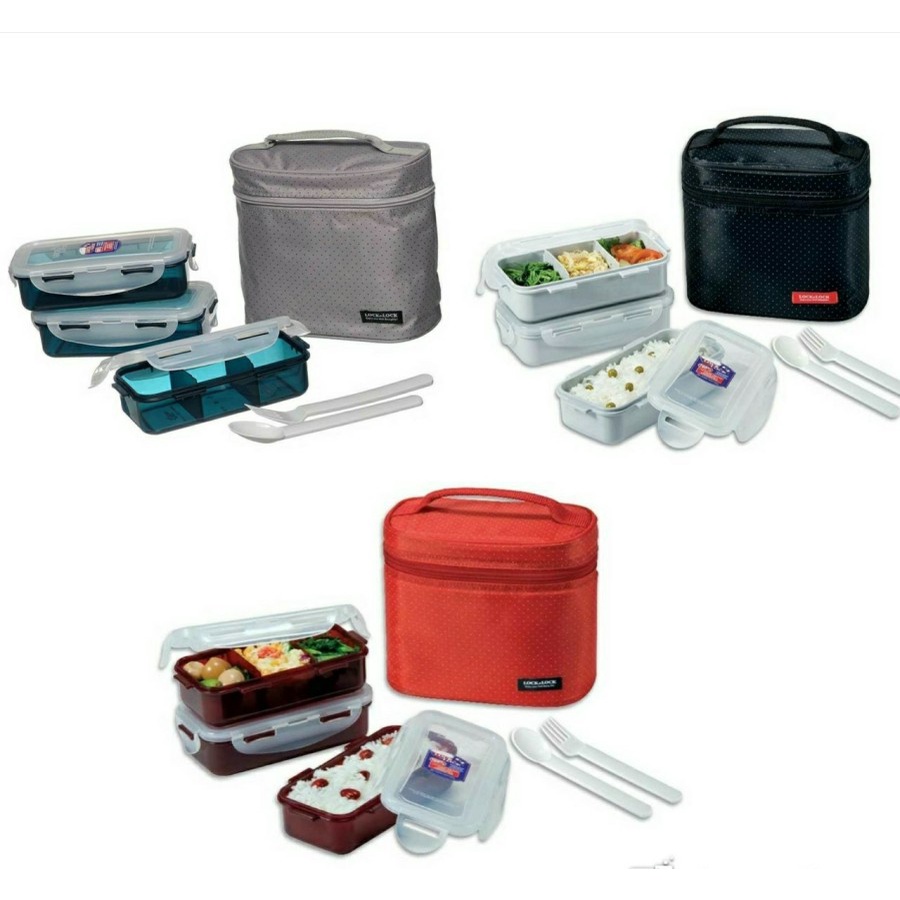 Lock n Lock Lock Lock & Lock Lunch Box 3P Set with Fork Spoon and Bag Food Lunch Box Shopee
