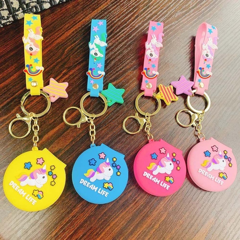 New cartoon unicorn keychain cute portable small mirror folding makeup ...