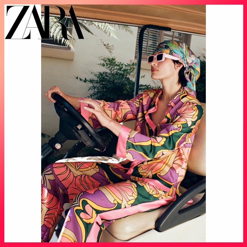 ZARA summer new women's clothing side slit pocket print long-sleeved lapel shirt + trousers suit