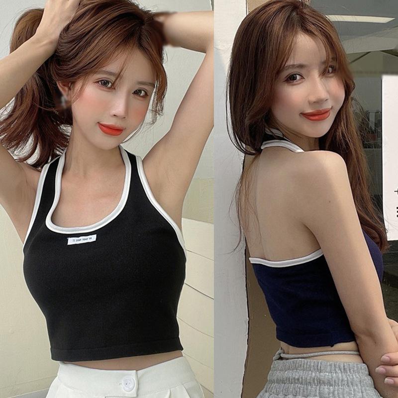 Shinee Korean Fashion Womens Camisole Letter Halter Sexy Slim Exposed Navel Knitted Camisole 5734