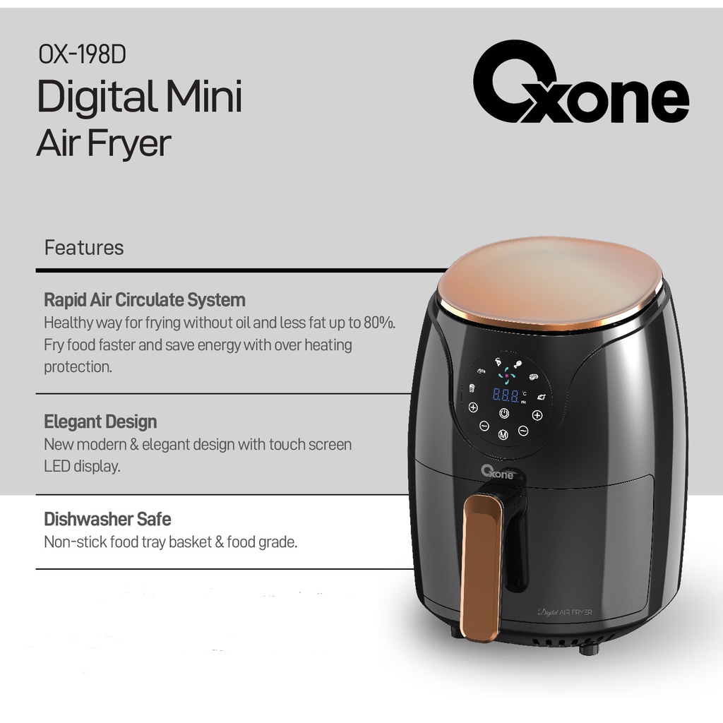 OXONE OX198D Digital Mini Air Fryer 2.4 Liter / FREE OX-618 - Gambar 4