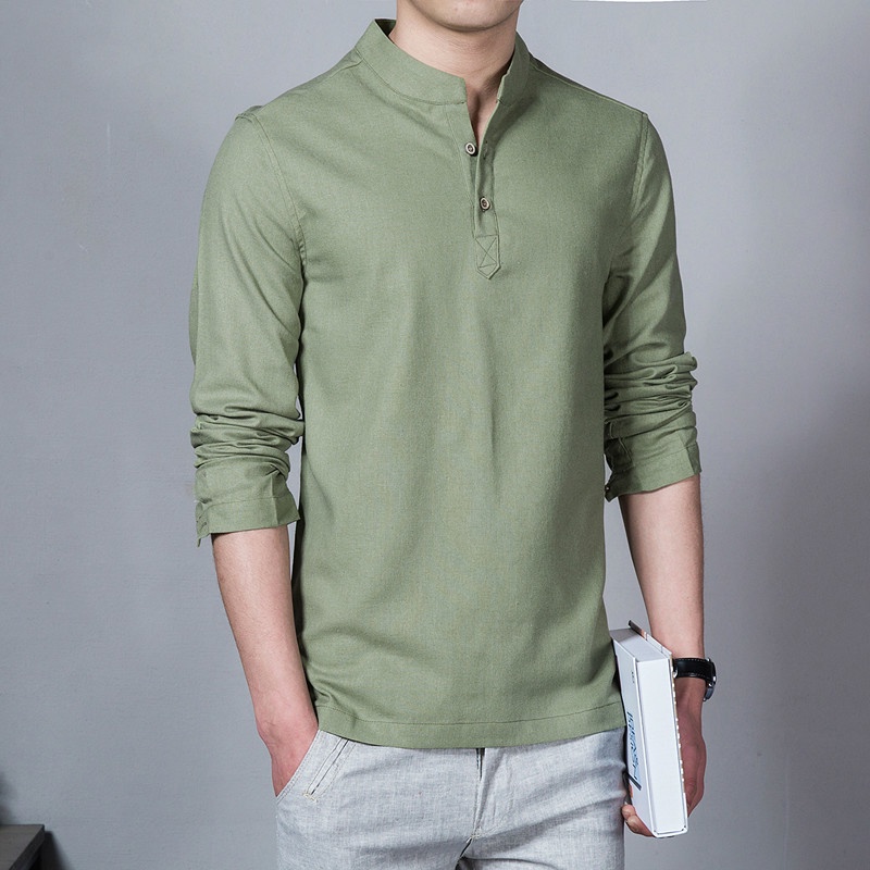 New Men Simple Spring Cotton Linen Kimono Shirt Long Sleeve Solid Color Casual Retro Chinese Clothing Casual Stand Collar Shirt