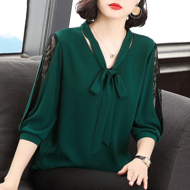 Ready Stock Chiffon Shirt Short-Sleeved Plus Size Women's Clothing 2022 Spring Summer New Style Loose Middle-Aged Mother Western Cover B