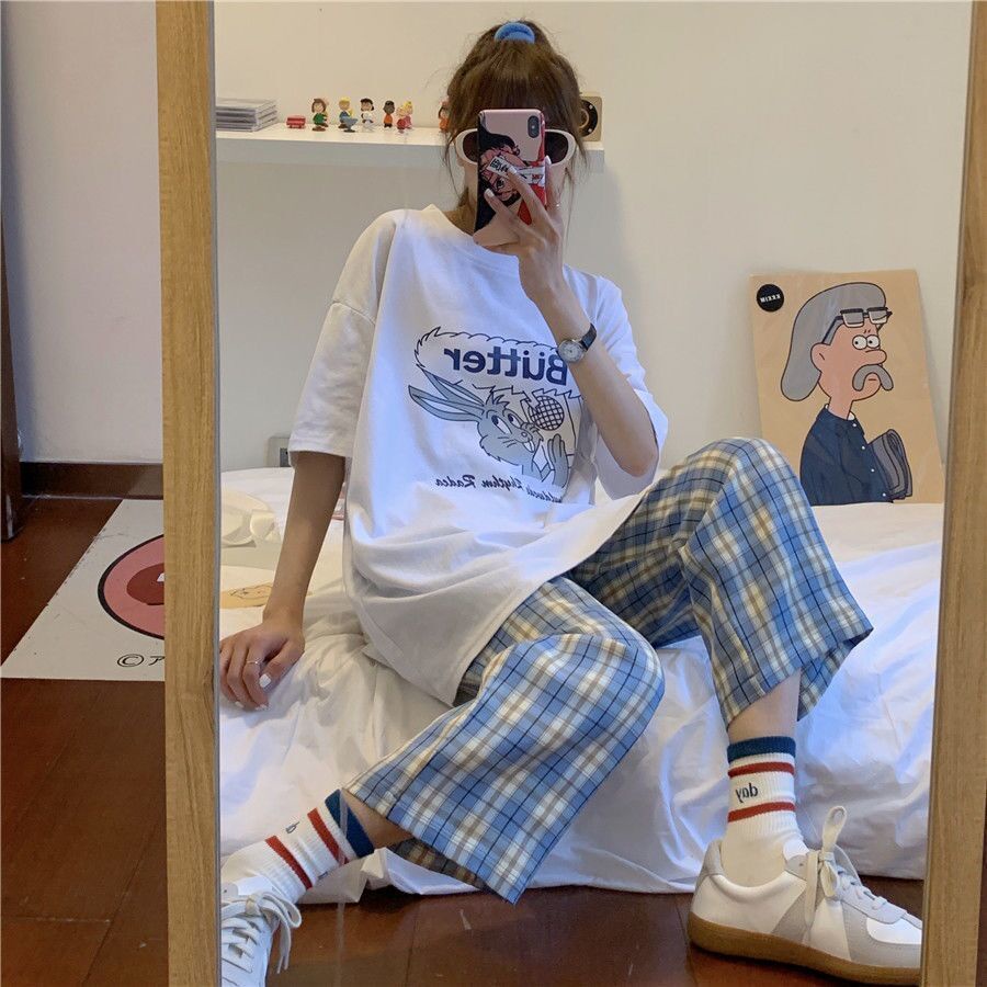 2021 Culottes High Waist Full Length Checkered Long Pants Plaid Pants Women Korean Wide Leg Straight Loose Slack Harem Pants Shopee Singapore