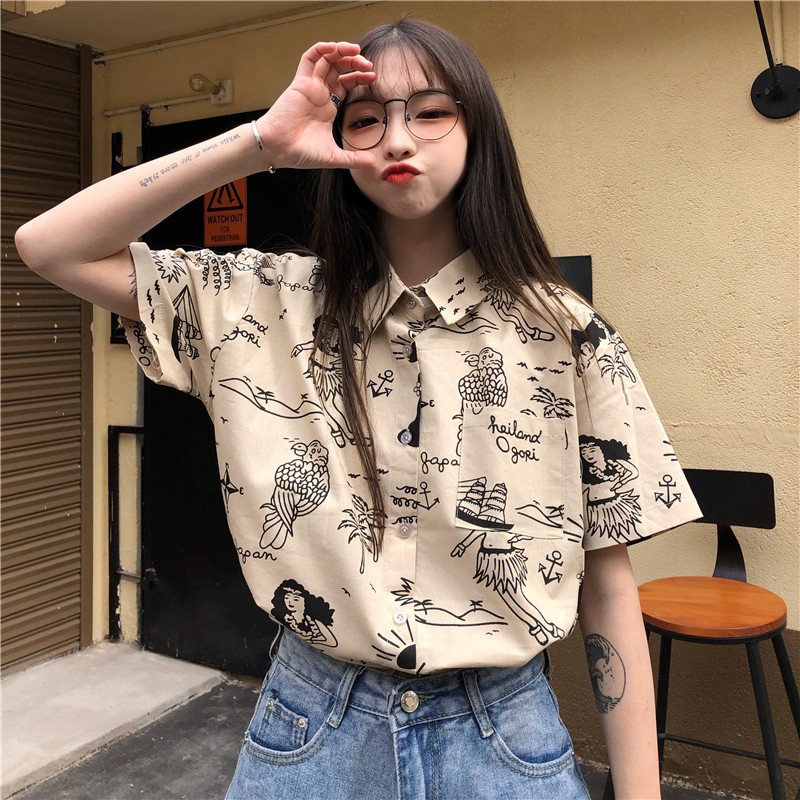Vintage design short sleeve printed shirt，cheap borong of Koreanfashion women's clothing readystock