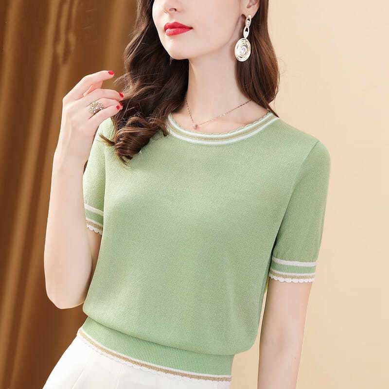 Soft Silk Short-Sleeve Blouse With Pearl Button Detail and Tailored Collar for Elegant Summer Wear