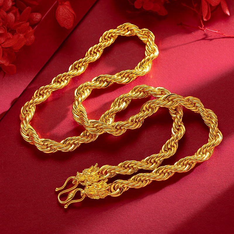 Men Gold-Plated Unique Twist Necklace Pure Copper Electroplating Boutique  Faucet Sand Gold Braid Hemp Rope