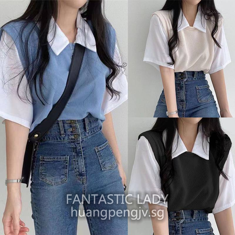 F&L Women Clothes Korean Fake Two Pieces Collar T shirt Tops Ready Stock