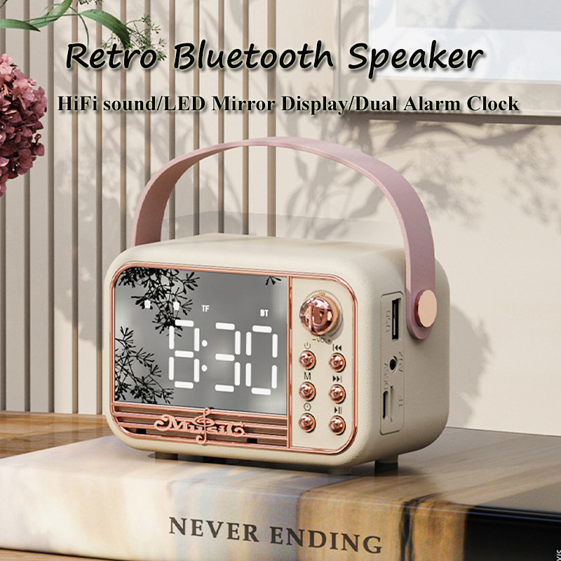 Retro Bluetooth Speaker LED Mirror Classical Music Player HIFI Stereo Sound with Time Display