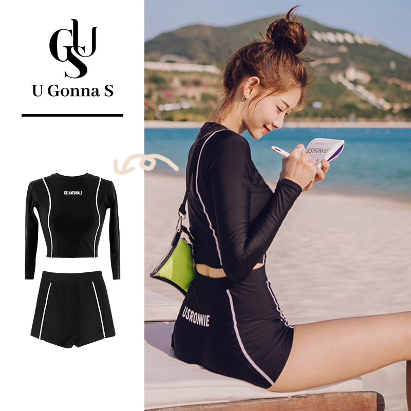 Black Long Sleeve Two Piece Swimsuit Sexy Boyleg Shorts Bathing Suit