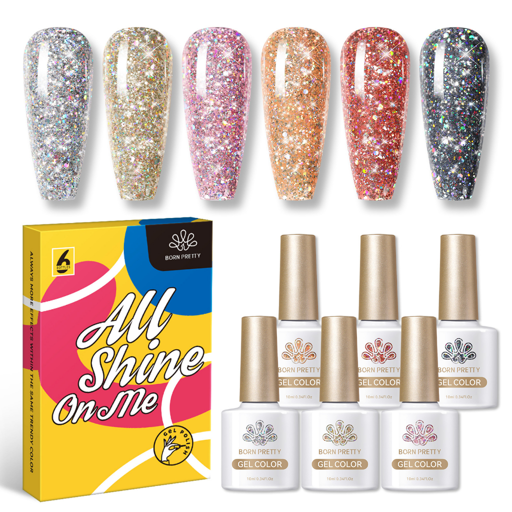 BORN PRETTY Glitter Gel Nail Polish Set Sparkly Shiny Gold Silver Pink