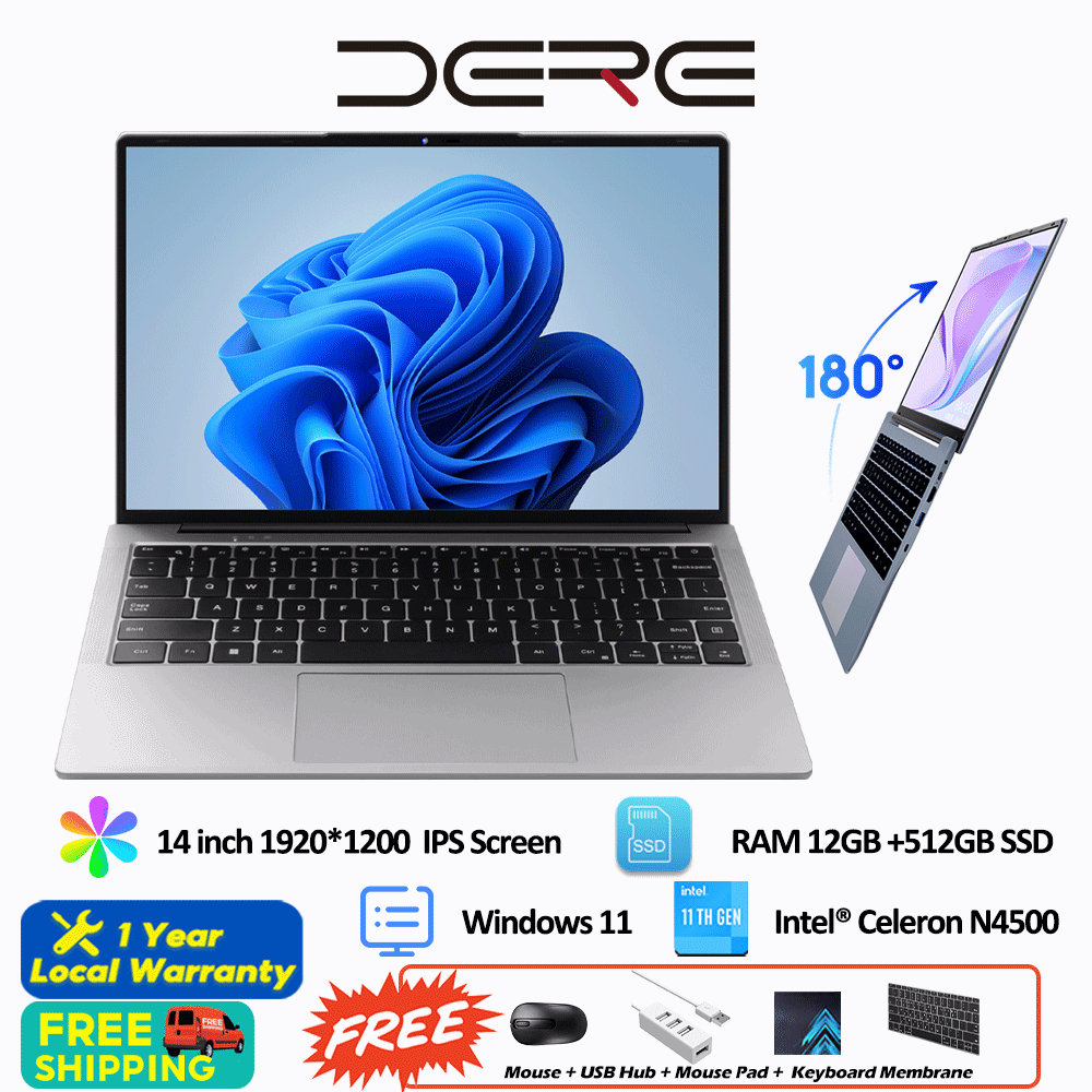 DERE R14 Laptop 12GB RAM + 512GB SSD Intel Celeron N4500 2.80 GHz 14