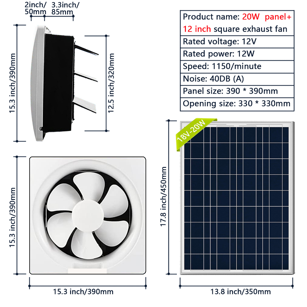 20W solar panel fan set, 12 inch high airflow fan with switch, suitable ...