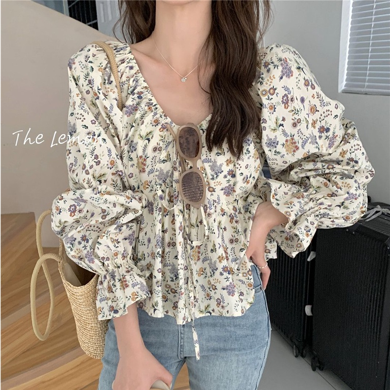 Korean women's retro floral blouse long sleeve off-shoulder style ...