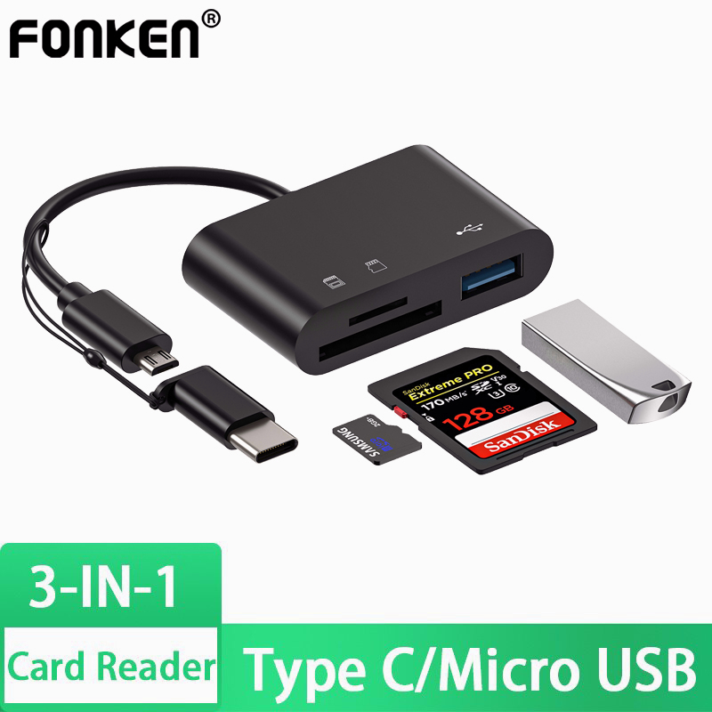FONKEN 3 IN 1 Type C / Micro USB To SD Card Reader OTG USB Cable Micro