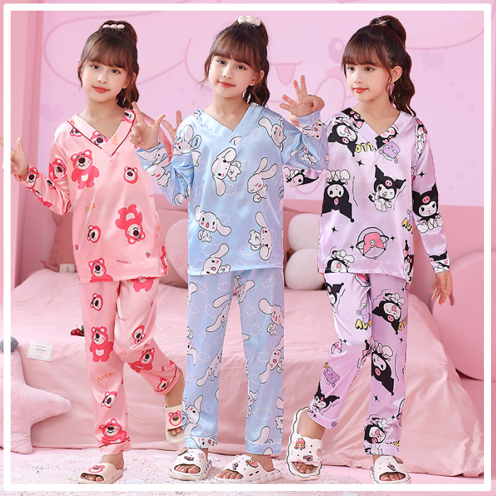 Pijamas Baby Girl Kids Pyjamas Sleepwear Satin Silk Cute Cartoon Kuromi