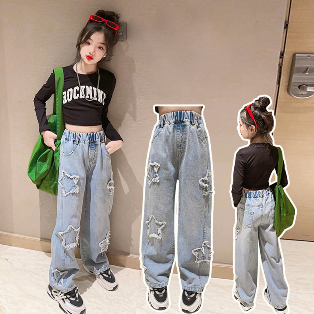 Teen Girl Clothes Set Fashion Cold Shoulder Crop Top Jeans With Big Hole  Ripped 2pcs Clothing Suit Children Streetwear Outfits, Outfits With Jeans  For Girls