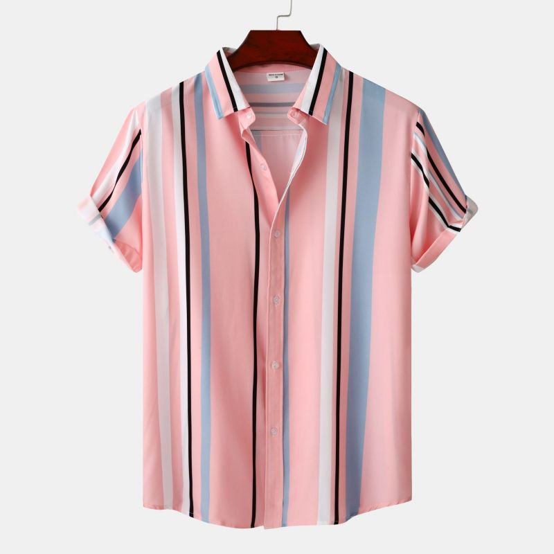 Men's Loose Casual Pink Striped Short Sleeve Shirt Plus Size Lapel ...