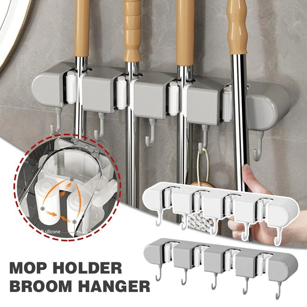 ABS Mop Holder Broom Hanger Wall Mounted 4 Position Rack Hook Organizer ...