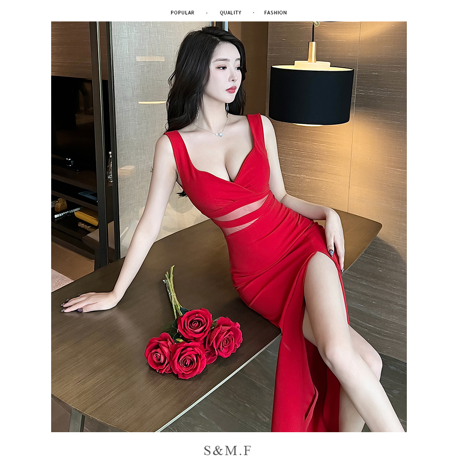 Sexy Low cut Split Long Dress Slimmer Look See through Gauze Evening Dress Big Breasts Sleeveless Dress Host Party Wedding Vacation Leisure Party Birthday Party Dating Dress Up Shopee Singapore