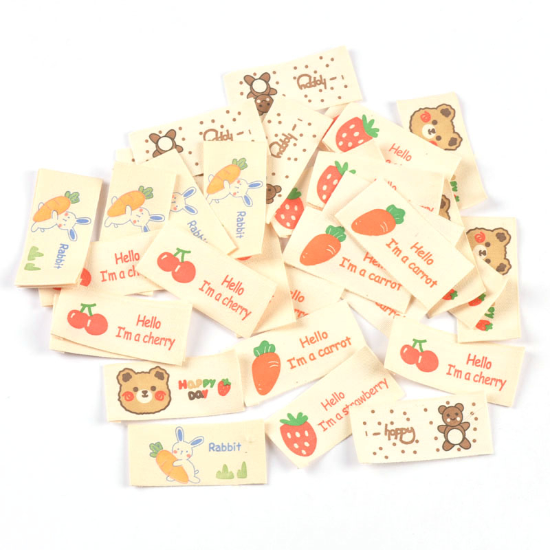 50Pcs 5.5x2.5cm Rabbit/Cear Fruits Printed Cloth Labels For Sewing ...