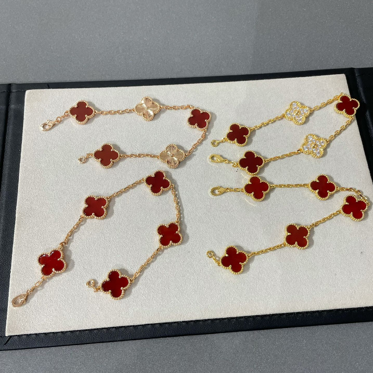 100% Original Authentic V&CA Van Cleef Bracelet 18K Rose Gold VAN Four Leaf Clover Red Bracelet For Women