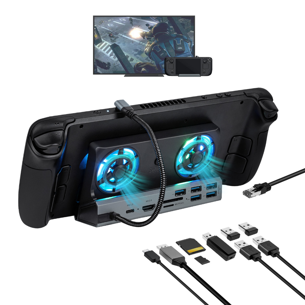 10 in 1 Docking Station with Dual Cooling Fan for Steam Deck/ROG ALLY