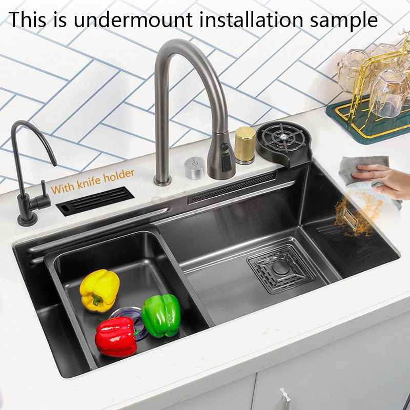 KNIFE HOLDER DESIGN Undermount Black Nano Kitchen Sink 304 Stainless