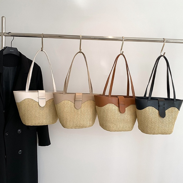 Woven Large-Capacity Fashion Stitching Handbag 2023 Western Style Straw One-Shoulder Armpit To