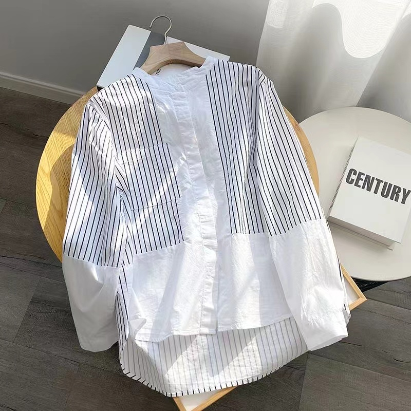 Korean Style Women Ladies Loose Stand Collar Striped Cotton Long Sleeve ...