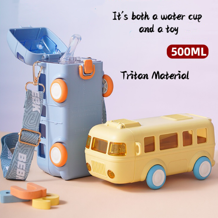 Tritan Material kids Water Bottle Car Straw Water Cup Boys Girls' Kindergarten Bus Cup Cartoon Summer School Water Bottle