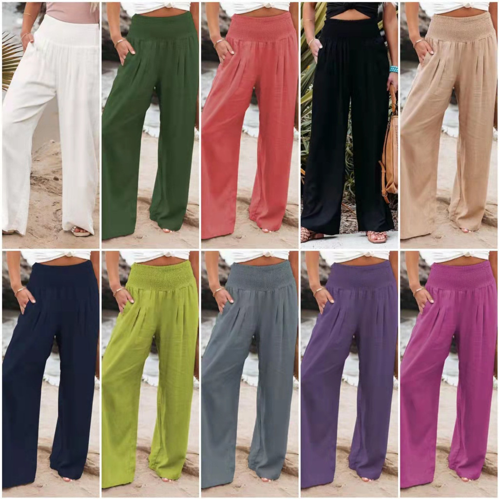 💛JY】Women Cotton Linen Pants Wide Leg Elastic High Waisted Long Pants for  Casual Lounge Pants Beach Pants Wide Leg Cotton Linen Loose Pants Flare  Wide Leg Long Trousers