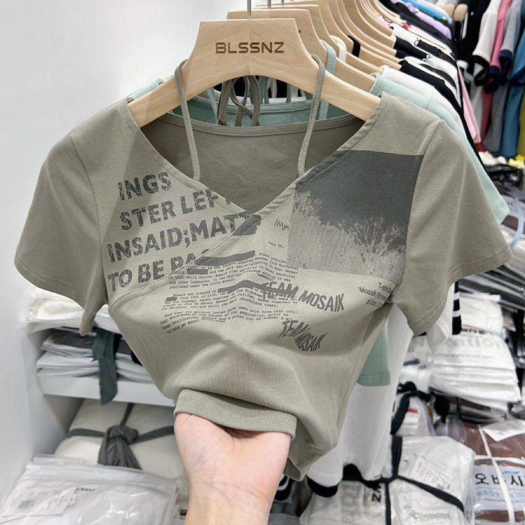 2022 Korean women cotton retro printed T-shirt short sleeve V collar