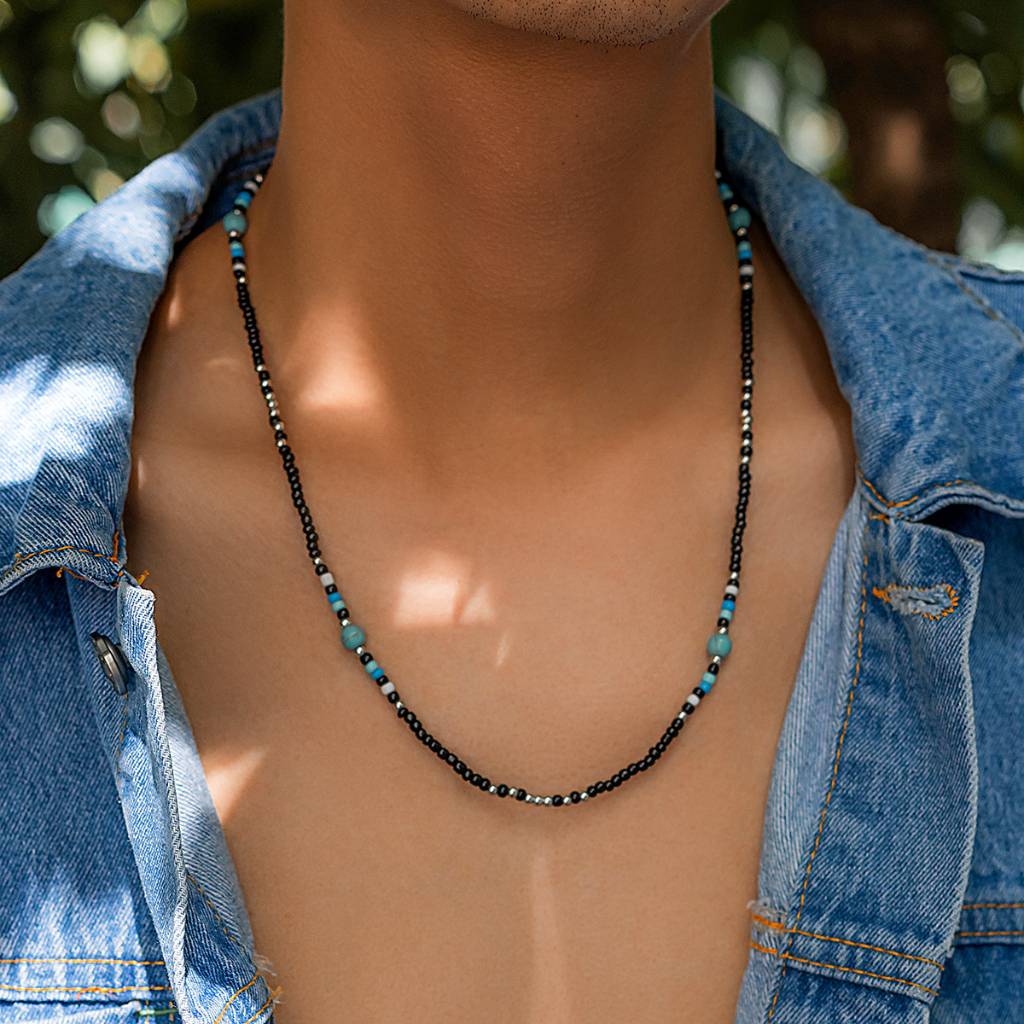 Mens black hot sale bead necklace