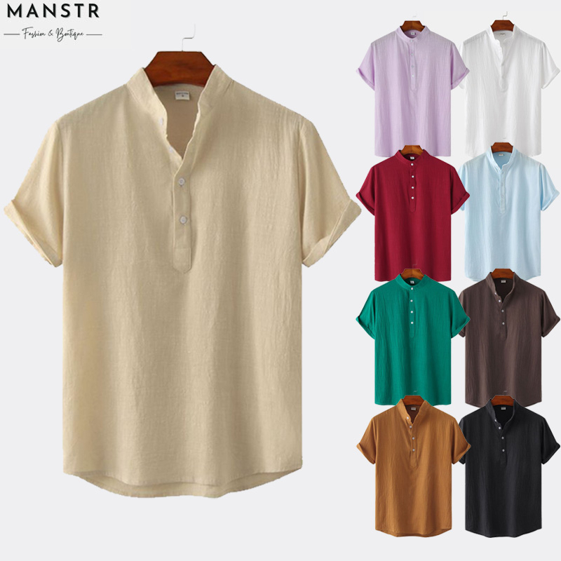 Men's Casual Solid Color Short Sleeve Pullover Shirt Linen Stand Collar ...