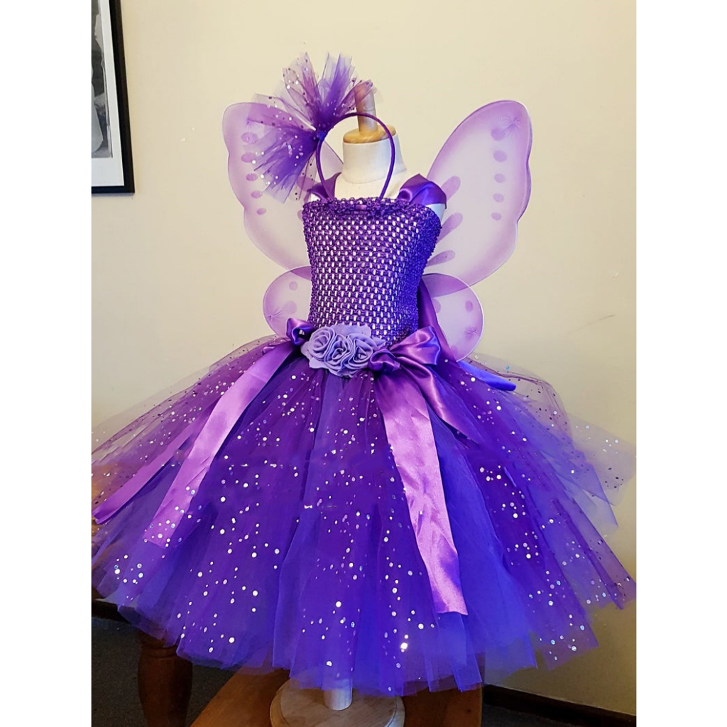 Girls Purple Glitter Fairy Tutu Dress Kids Crochet Flower Tulle Dress ...