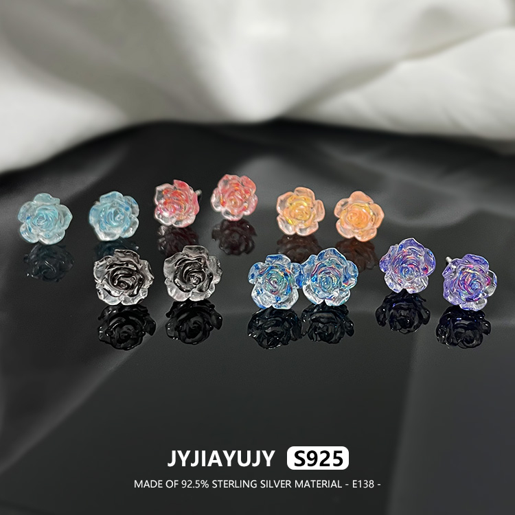 JYJIAYUJY 100% Sterling Silver S925 Earrings Flower Rose Earring Multilayer Petal Six Colors Black/Champagne Female Daliy Use Hypoallergenic Fashion Jewelry Gift Free Shipping E138