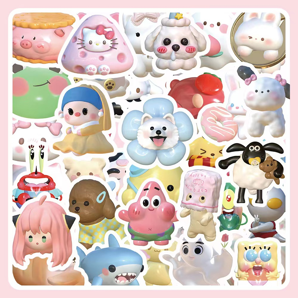 60pcs 3D Cartoon Stickers Cute Sticker SpongeBob Sanrio Shaun