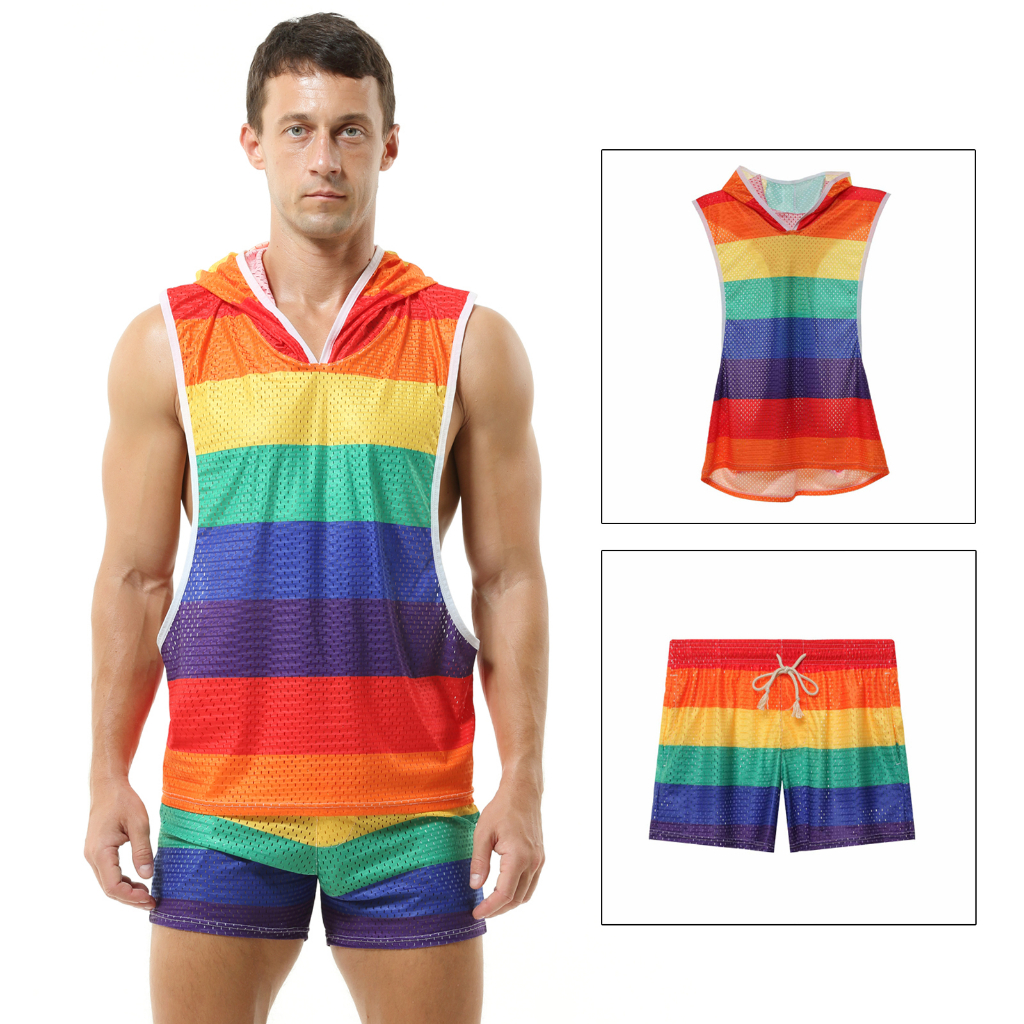 Sexy Men Clothes Rainbow Hooded V-Neck Sleeveless Tank Top Hollow Mesh