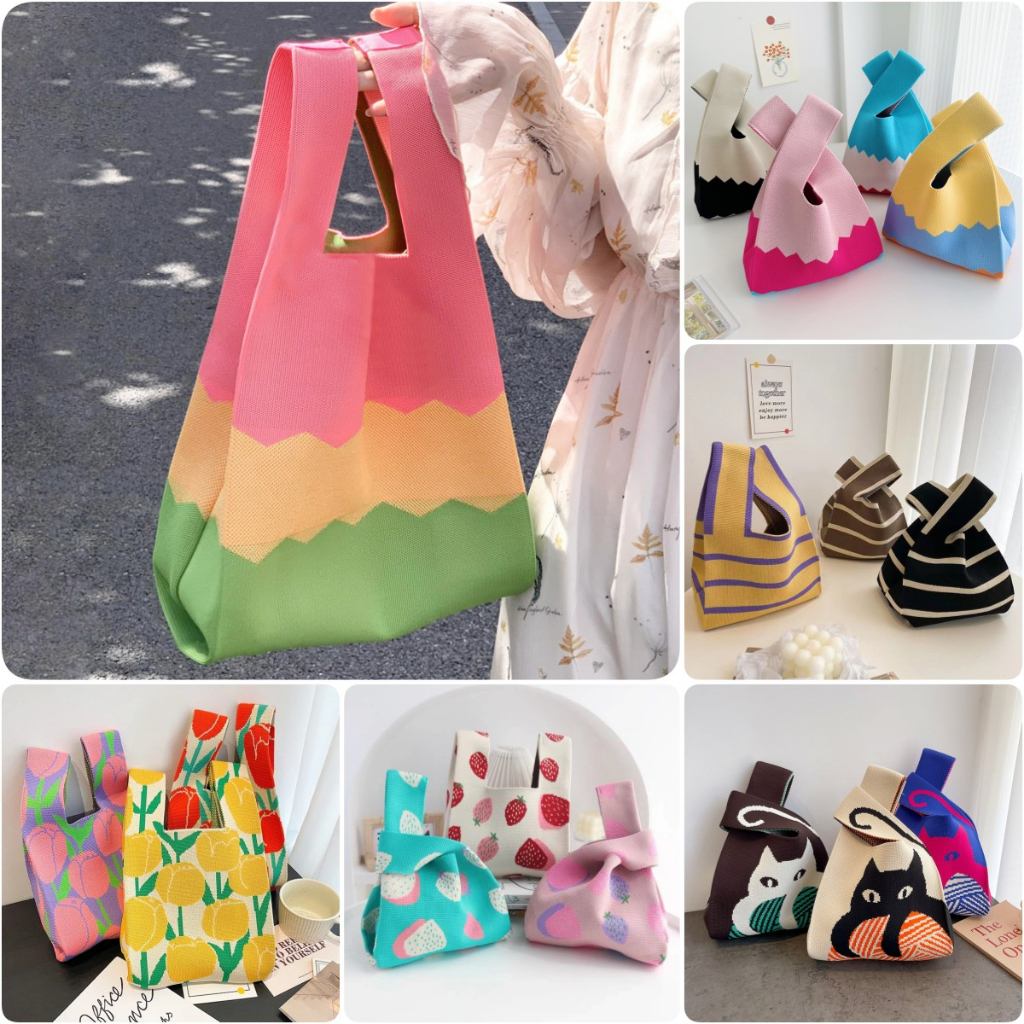 Candy Color Knit Tote Bag Women Handbags Cute Shopping Reusable Sling ...